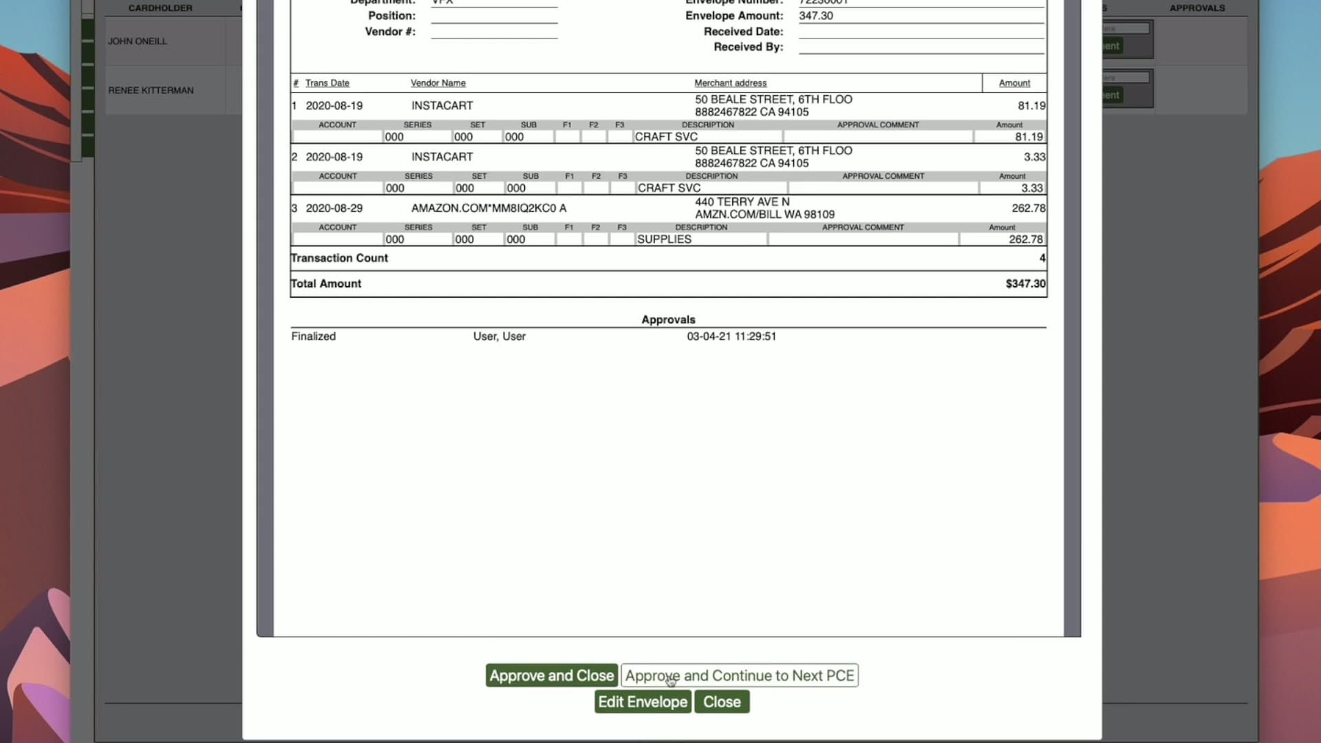 The CASHét cardholder portal showing a P-Card cover sheet with coded transactions and the approval trail