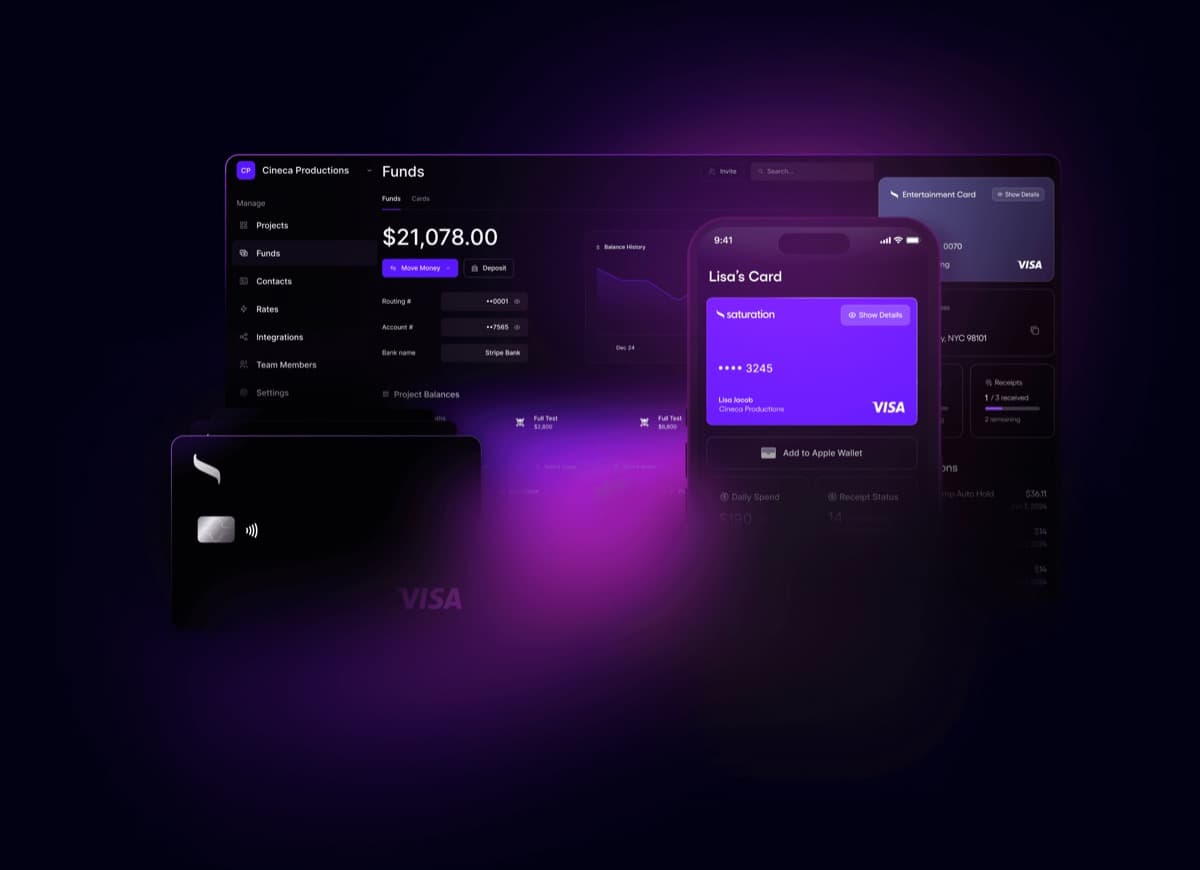 Saturation expense management dashboard — Funds overview, expense cards, and real-time tracking