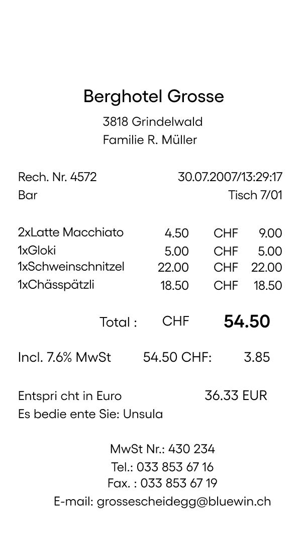 Berghotel Grosse receipt — CHF 54.50