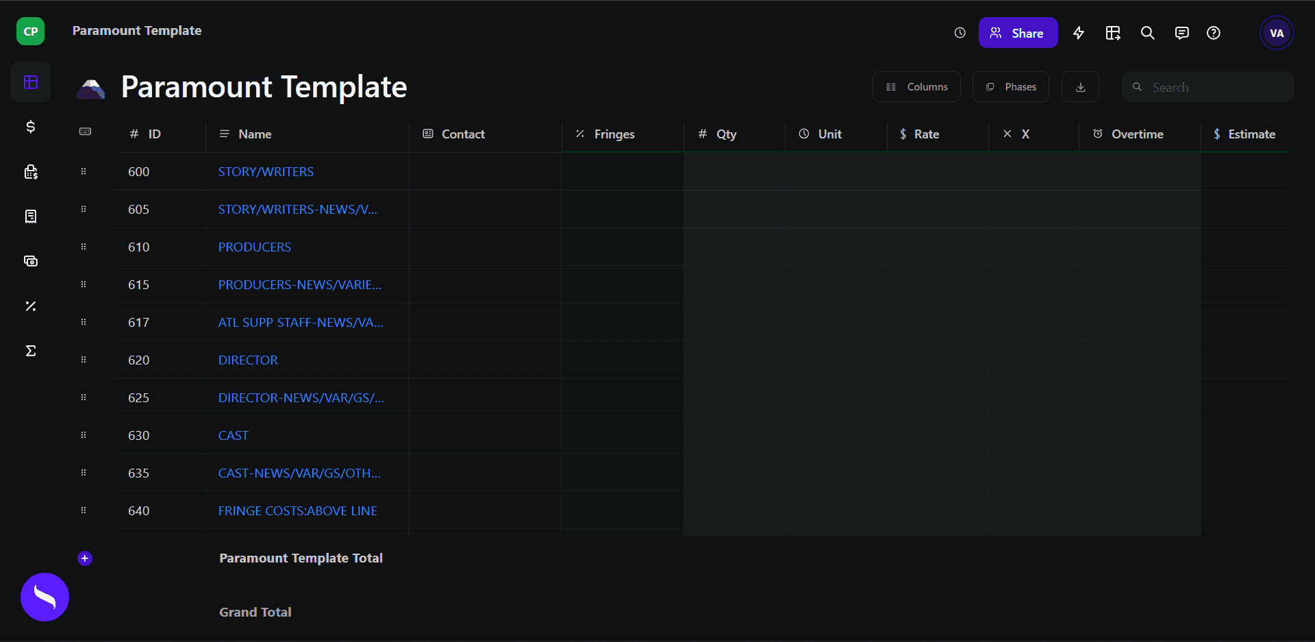 paramount budget template