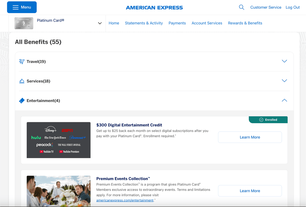 The American Express web account showing Platinum Card benefits and statements
