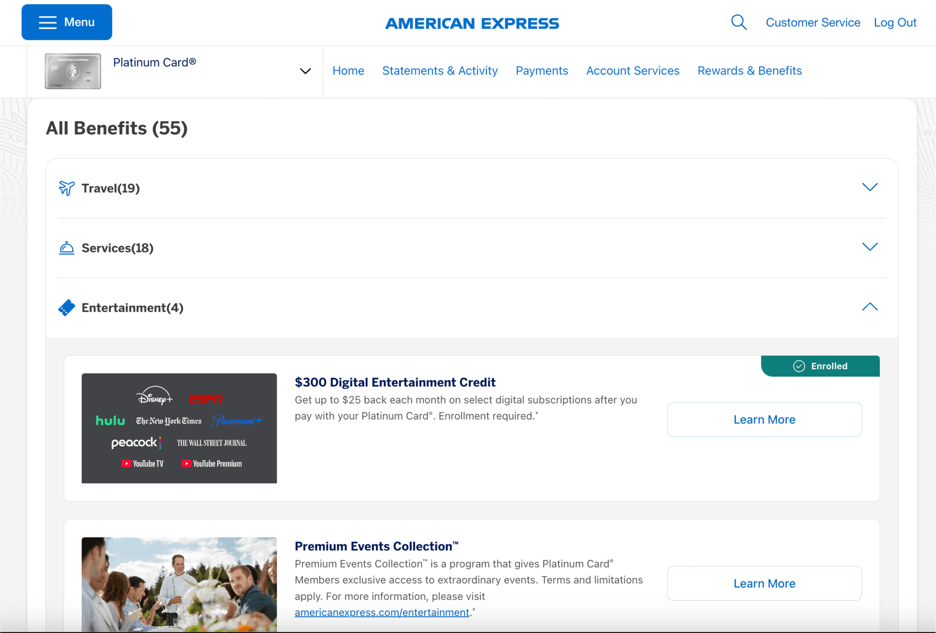 The American Express web account showing Platinum Card benefits and statements