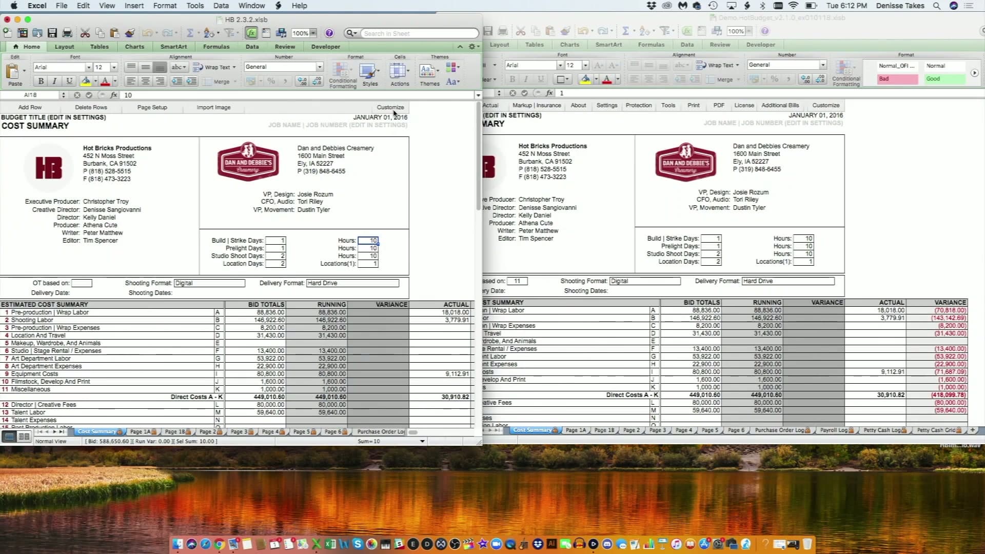 Hot Budget running in Excel, showing a cost summary with bid totals, running totals and variance columns