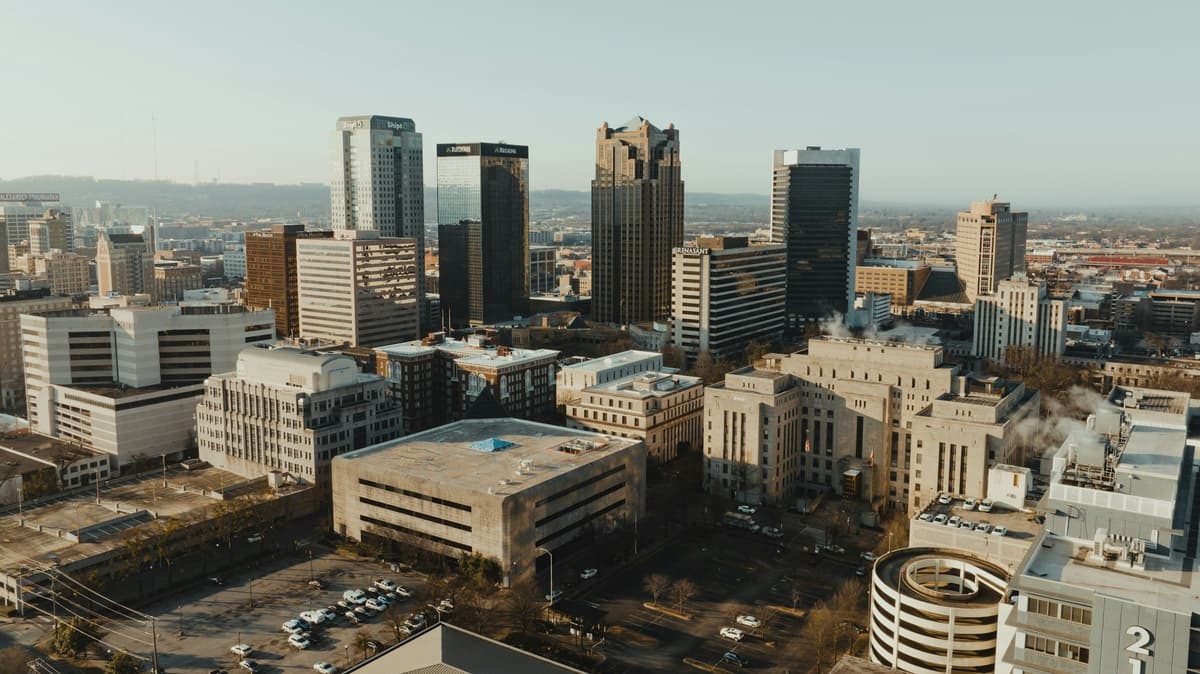 Aerial view of downtown Birmingham, an Alabama film production location