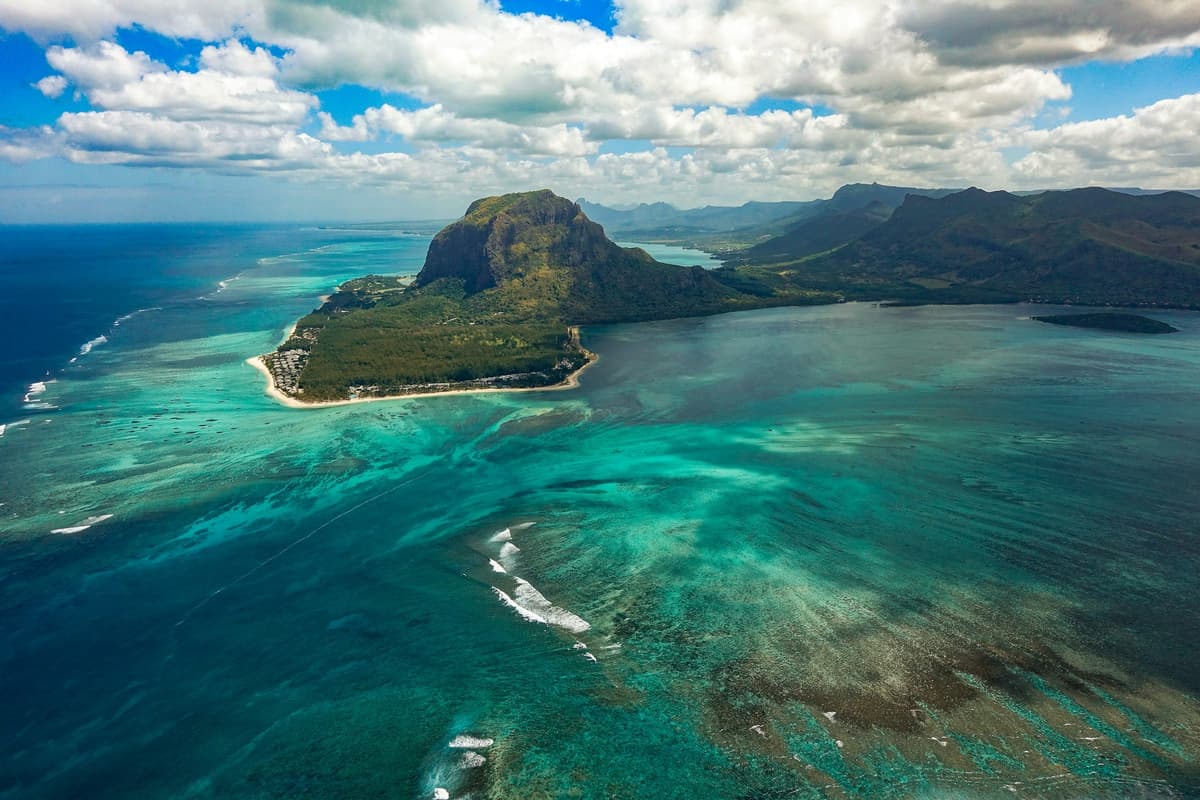 Aerial view of Le Morne Brabant, a Mauritius film production location