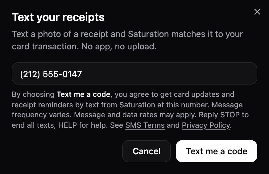 The Text your receipts dialog with a sample number, the consent notice, and the Text me a code button