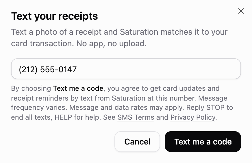 The Text your receipts dialog with a sample number, the consent notice, and the Text me a code button